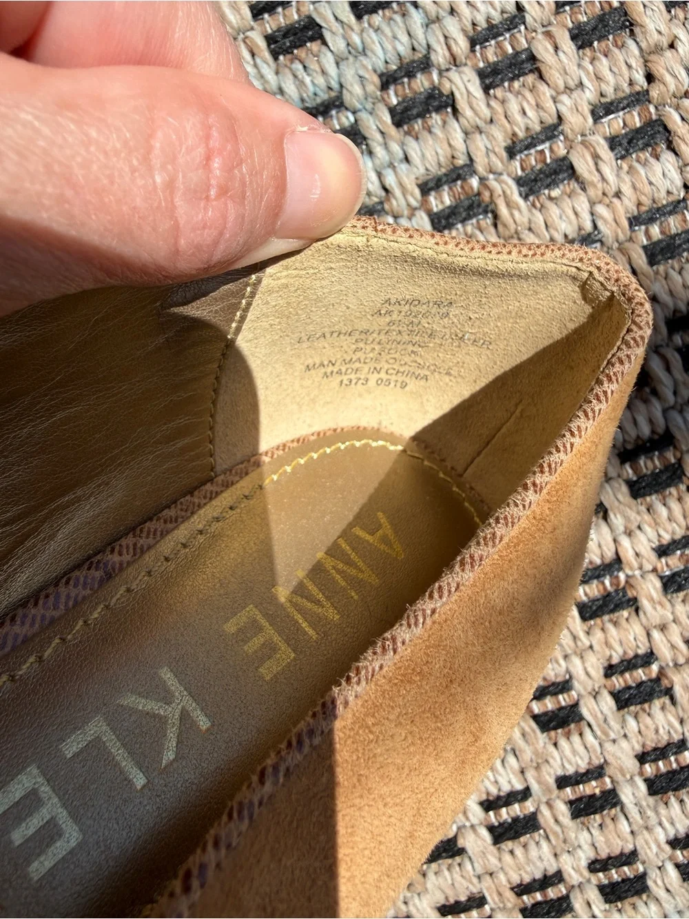 Anne Klein tan Camel Suede Slip-On Loafers with gold crest luxury